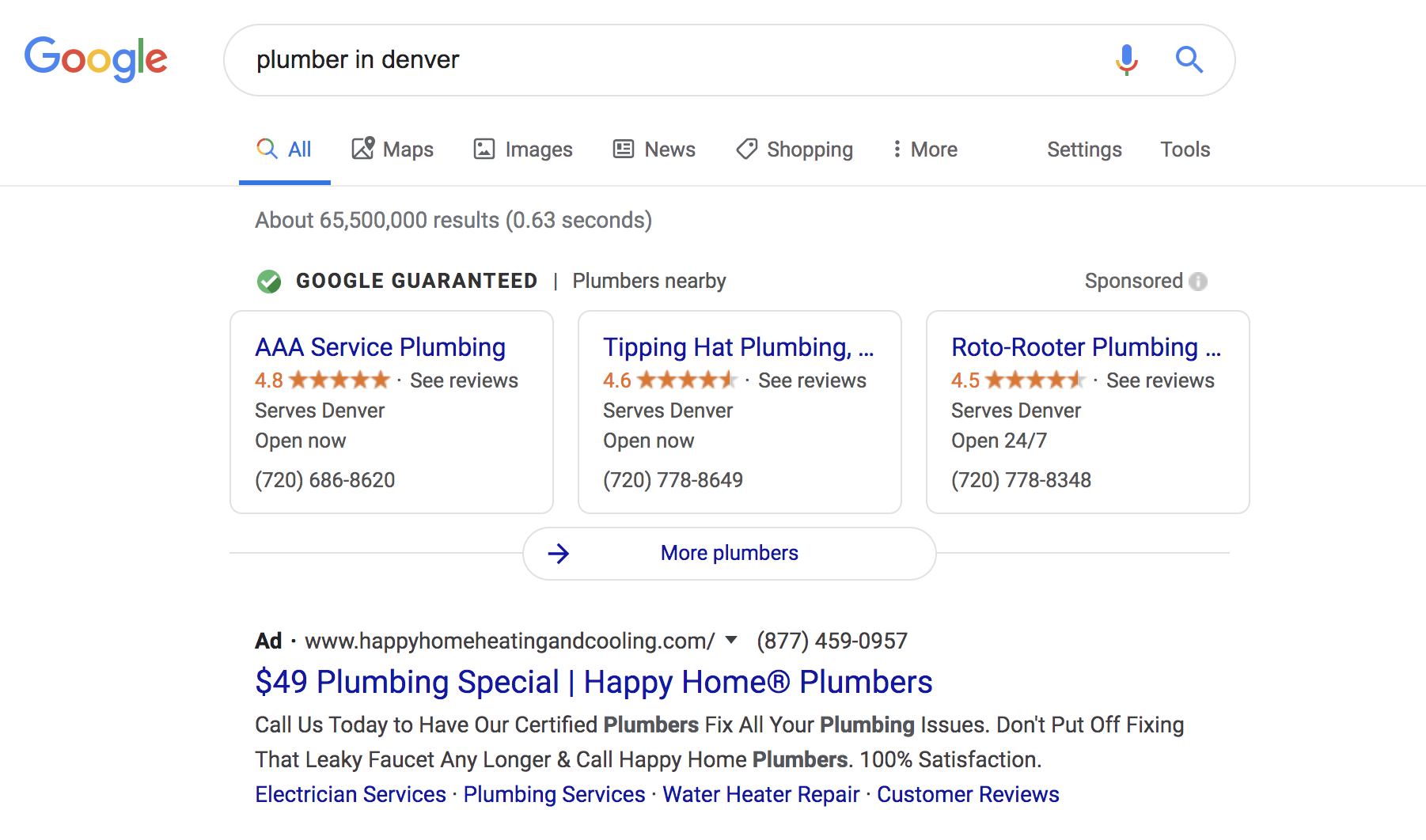 Local Services by Google, Plumber in Denver search Feb 2020