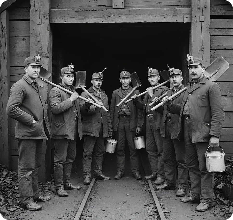 coal miners carrying shovels and lunch pail