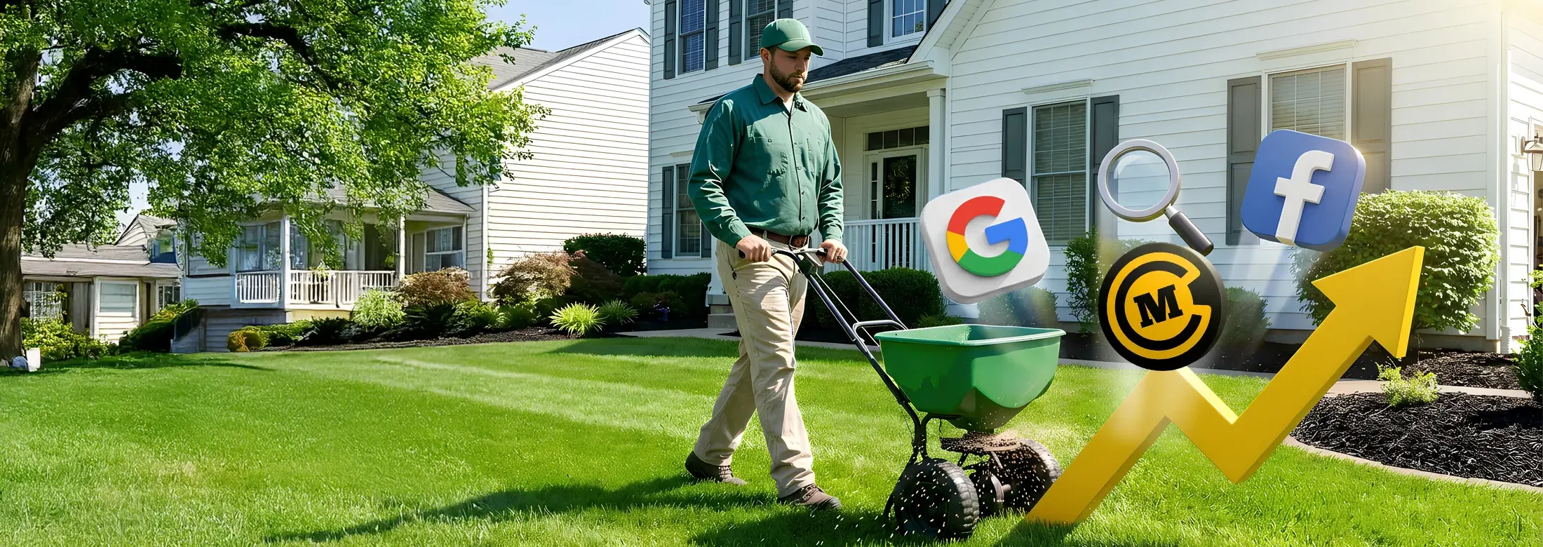 Technician use broadcast spreader to fertilize lawn
