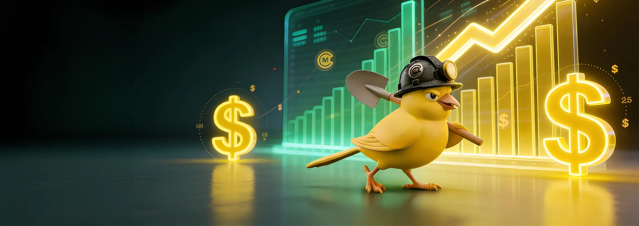 an illustrative canary wearing a hard hat holding a shovel, illustrative charts and dollar signs in the background