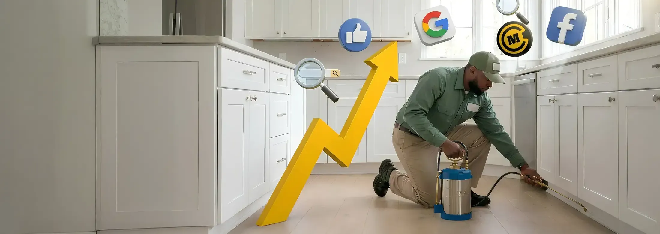 pest control technician spraying around cabinets