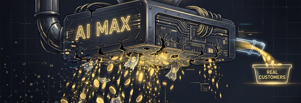 An illustration of a dark, futuristic metallic machine labeled 'AI MAX' in glowing gold letters. Gold coins pour into a funnel at the top, but the bottom of the machine is cracked, causing a massive amount of coins and dollar signs to leak out and fall into the void. On the right side, only a tiny trickle of gold flows from a small pipe into a glowing container labeled 'REAL CUSTOMERS'.