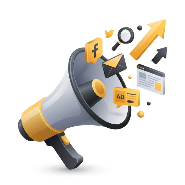 megaphone with social media icons, website icons, depicting growing an audience