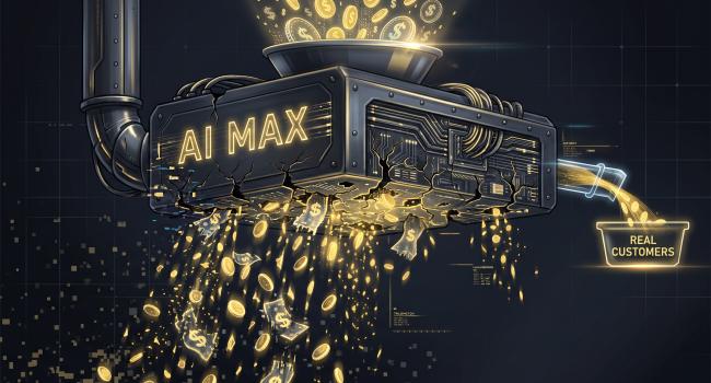 An illustration of a dark, futuristic metallic machine labeled 'AI MAX' in glowing gold letters. Gold coins pour into a funnel at the top, but the bottom of the machine is cracked, causing a massive amount of coins and dollar signs to leak out and fall into the void. On the right side, only a tiny trickle of gold flows from a small pipe into a glowing container labeled 'REAL CUSTOMERS'.