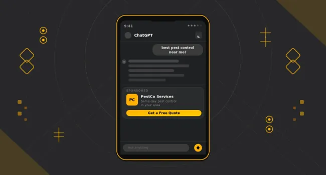 an illustrative phone with "best pest control" and a sponsored ChatGPT ad showing pestco and a booking button