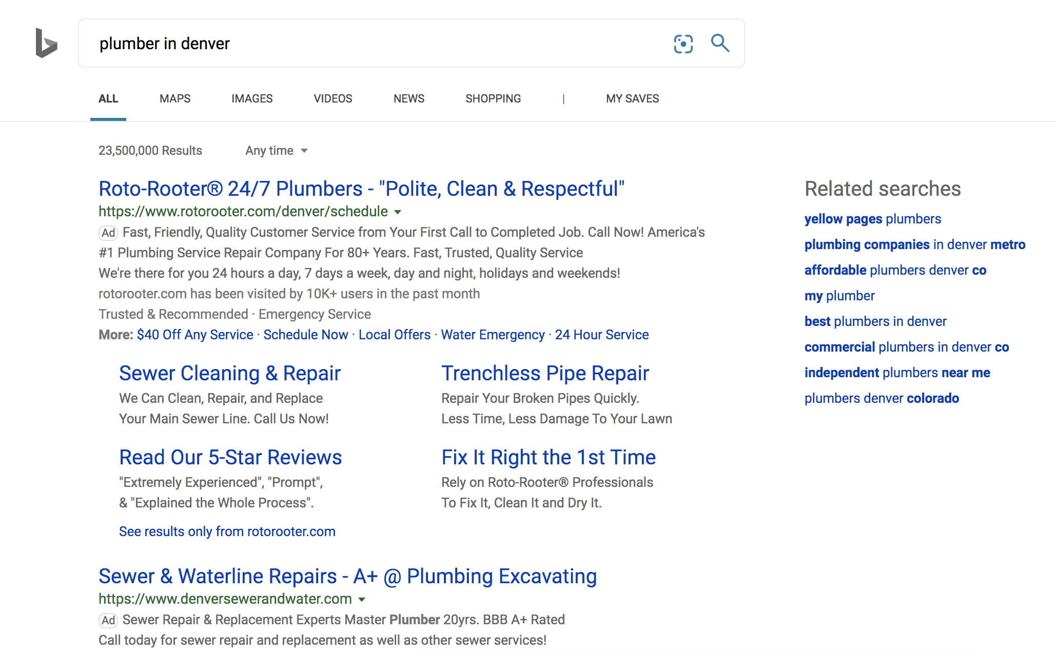 Plumber in Denver, Bing search screenshot Feb 2020