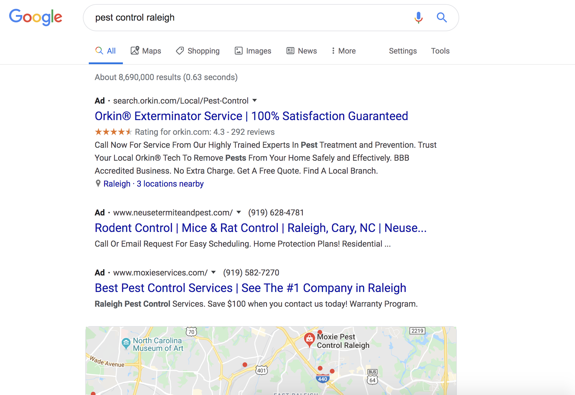 Pest Control Raleigh, Google search screenshot Feb 2020