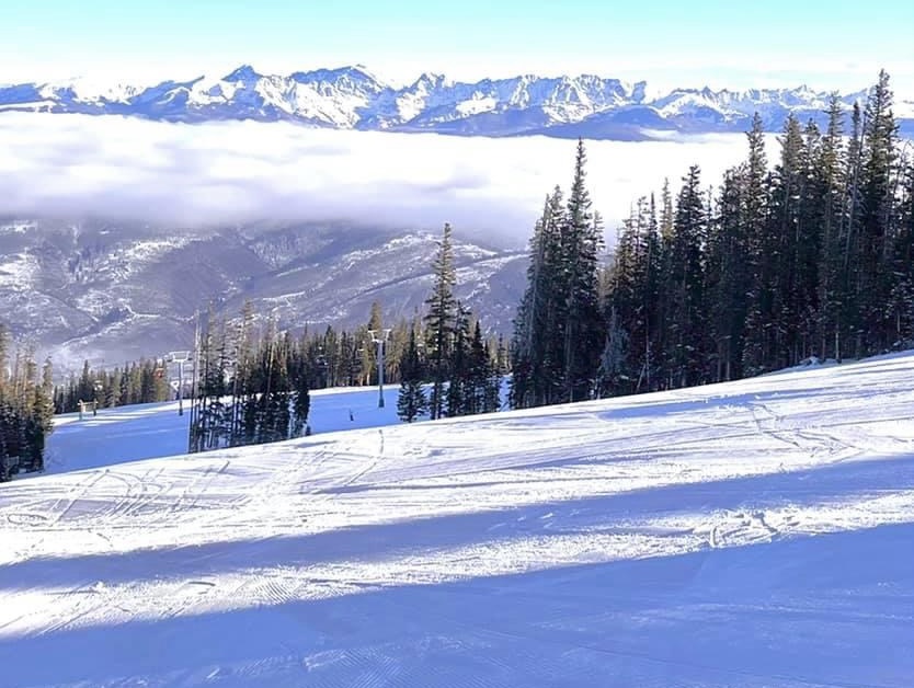 mountain, trees, and cloud in the snow