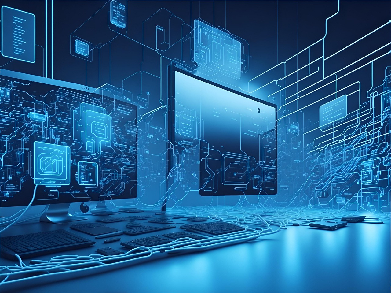 futuristic computer screens showing webs of data