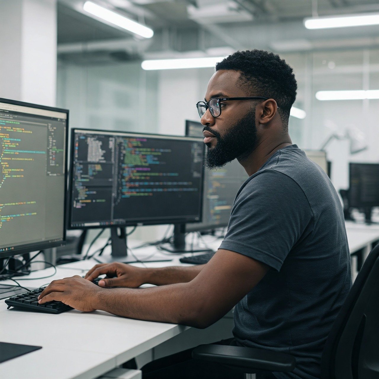 a web developer looks at two large computer screens with code