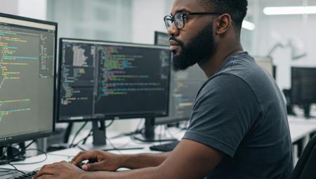 a web developer looks at two large computer screens with code